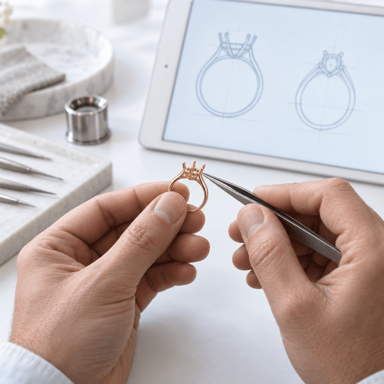 Generated studio scene of a jeweller inspecting a setting beside a digital display