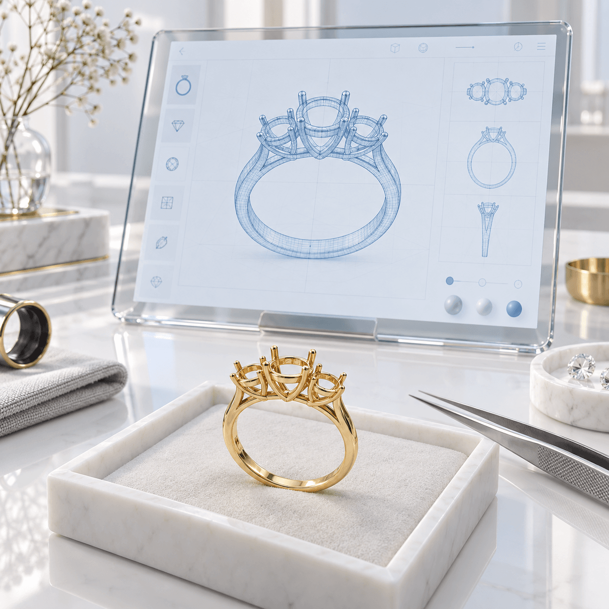 Illustrative Nsphere jewellery studio with an empty gold setting and a digital model display