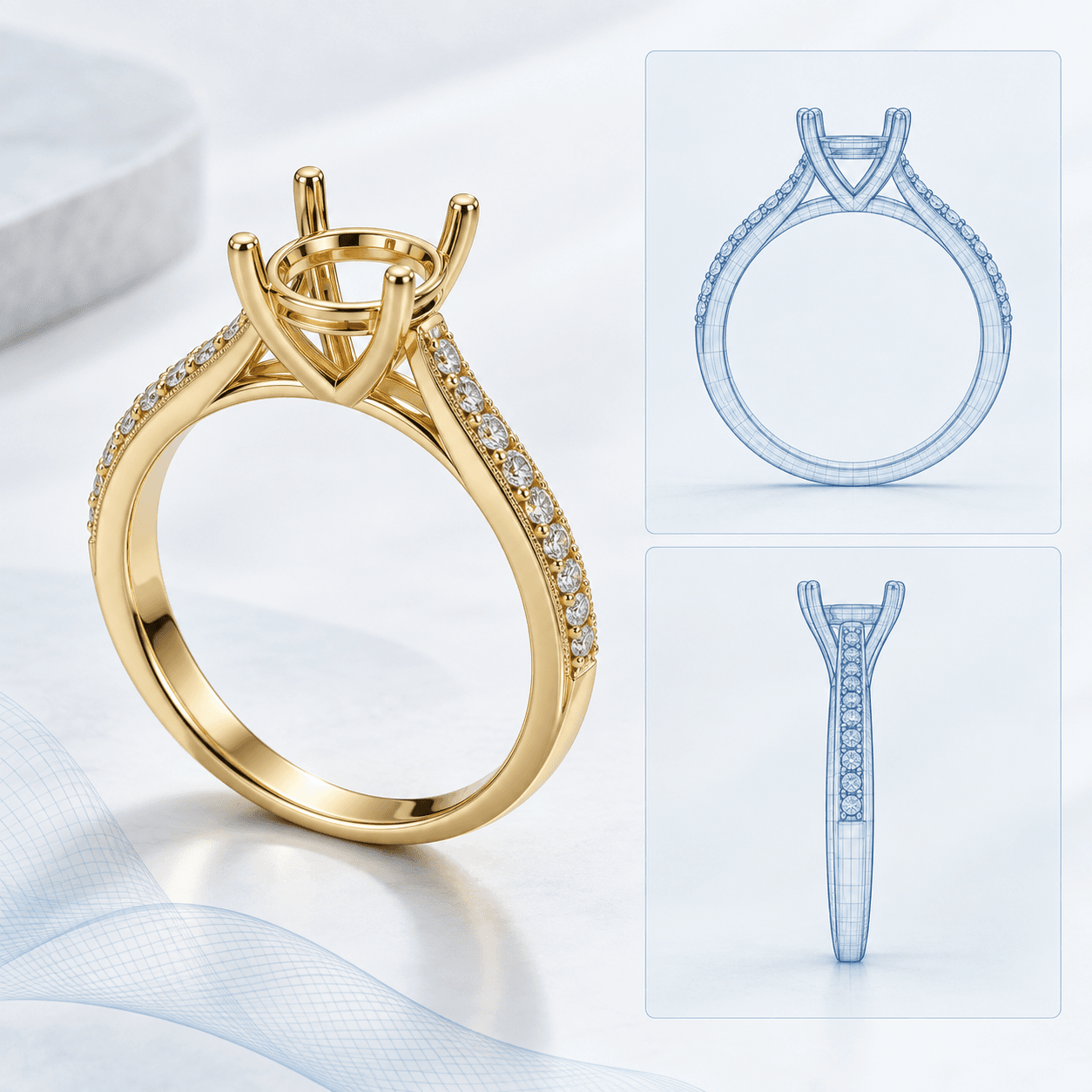 Illustrative gold ring with blue front and side mesh views