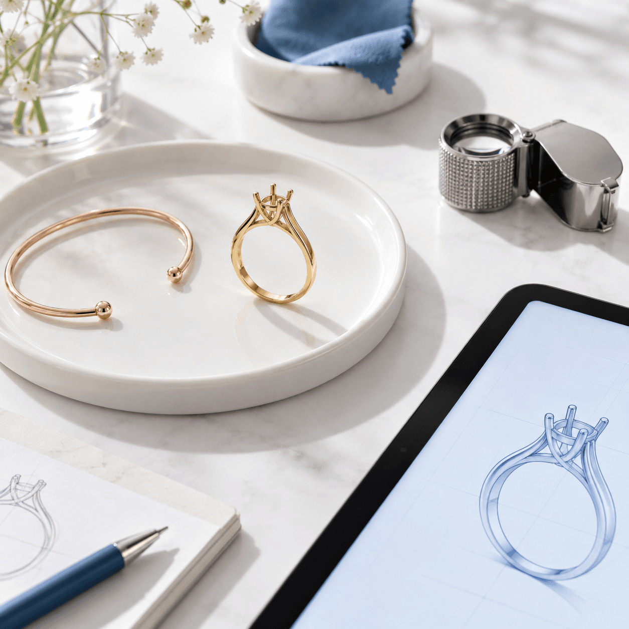 Illustrative jewellery studio with a gold setting and rose-gold cuff